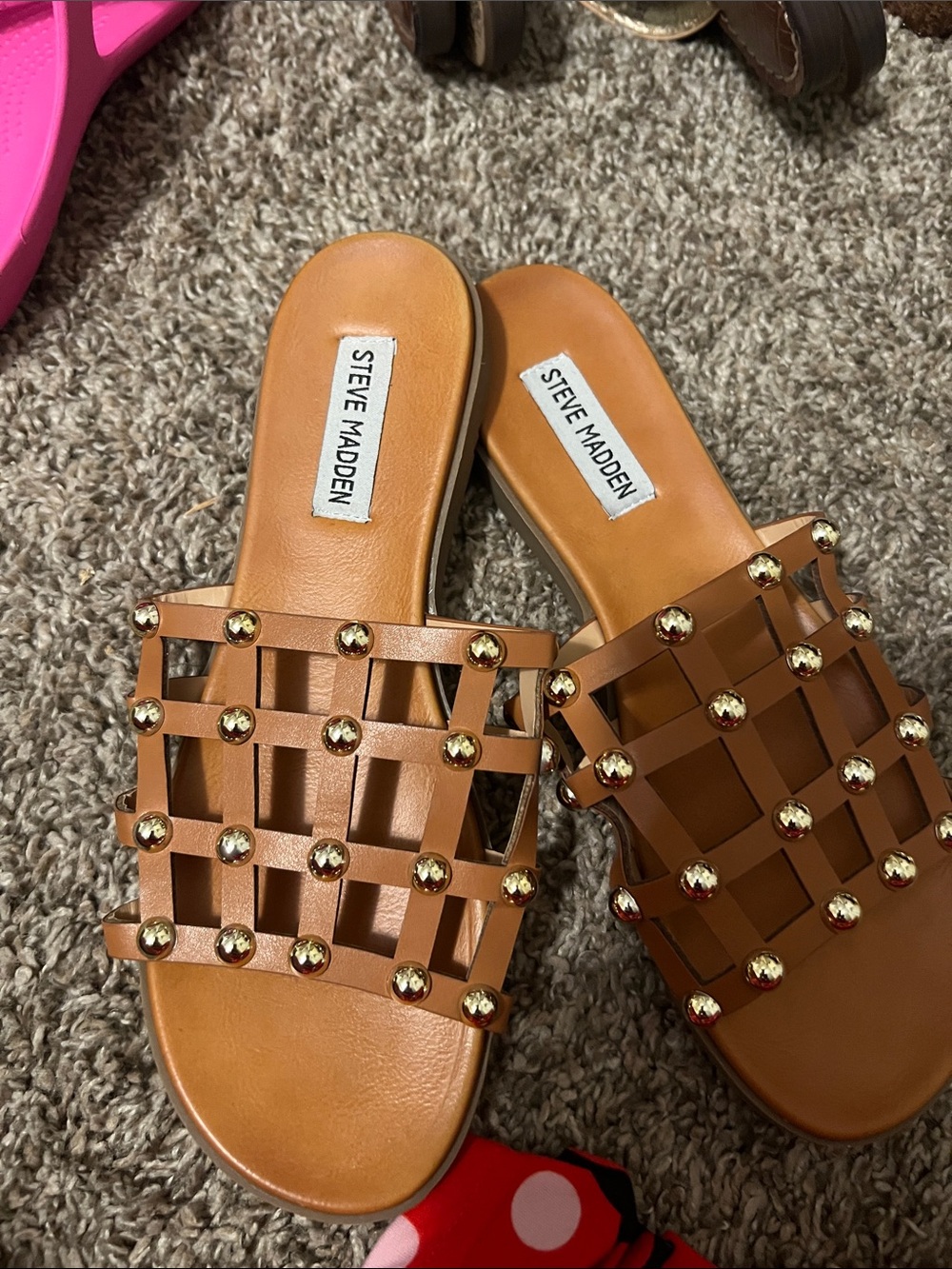 Steve Madden Brown Woven Studded Slide Sandals